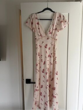 Floral Lace-Trim Midi Dress in Blush Pink